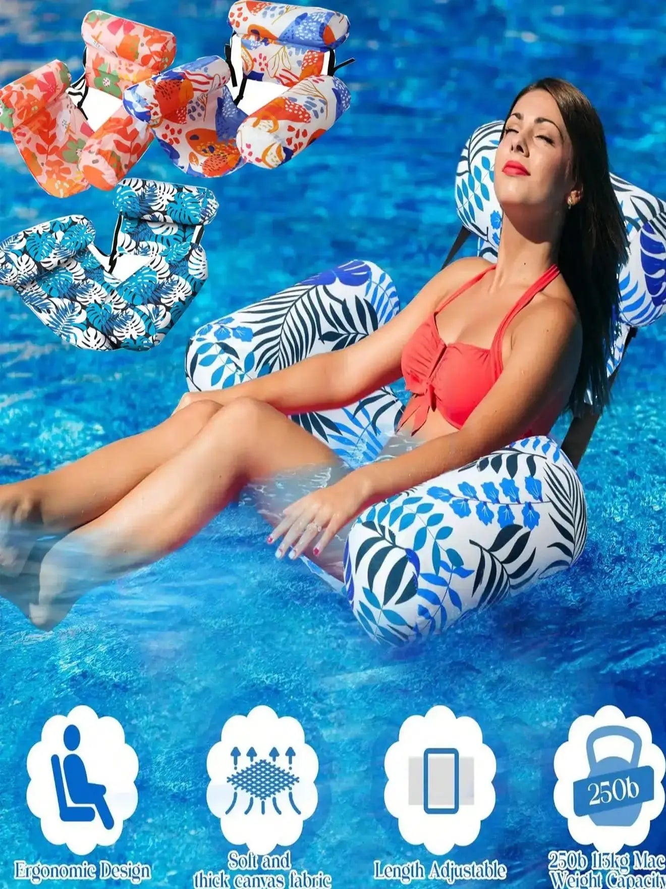 1pcs New Inflatable Water Hammock with Armrests PVC Floating Lounger Sofa for Adults Summer Print Pool Float Inflatable Lounger